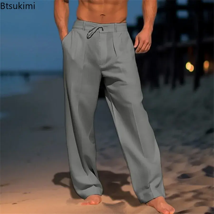 Men's Summer Solid Cotton Linen Beach Pants Fashion Loose Breathable Casual Straight Pants Simple Basic Drawstring Trousers Male