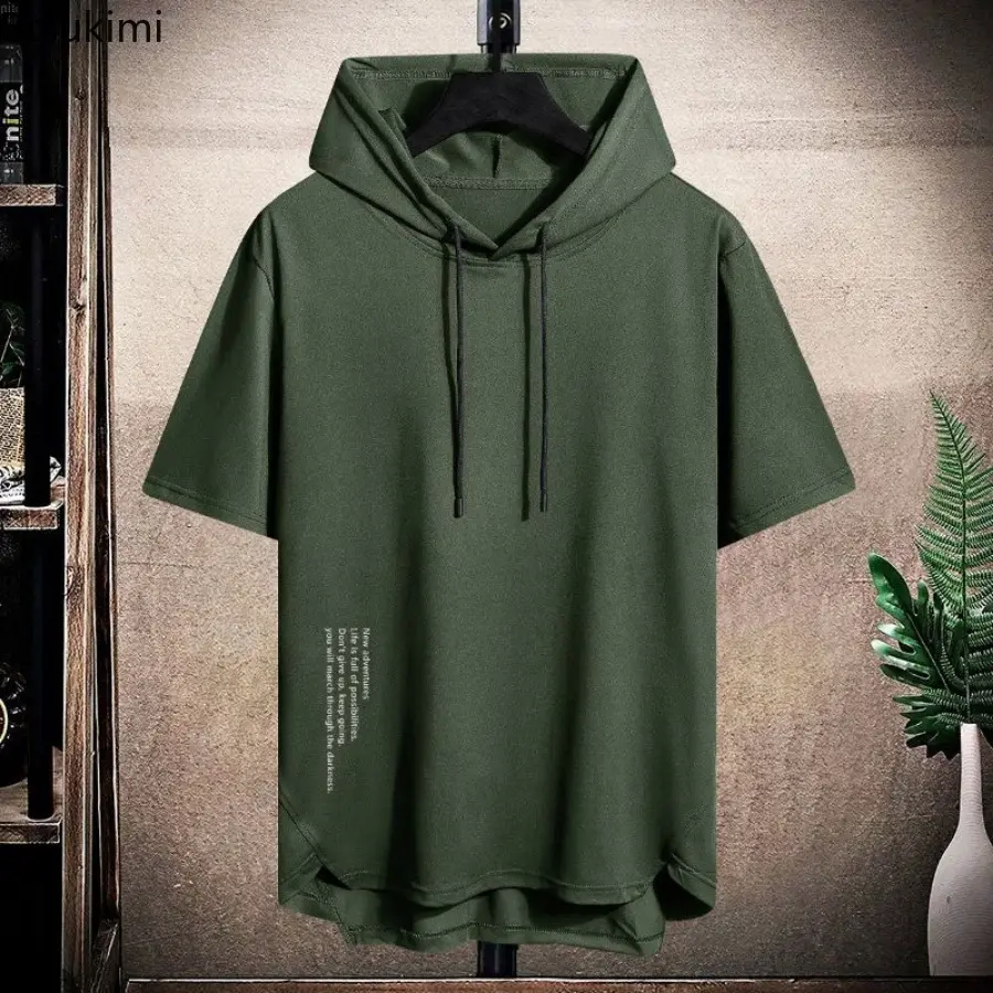 2025 Men's Summer Hoodies T-shirts Short Sleeve Solid Color Loose Hooded Drawstring Pullover Tops Basic Tees for Daily Wear Male