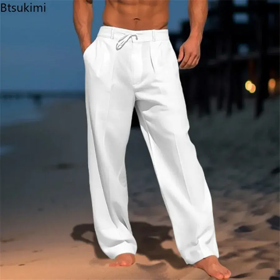 Men's Summer Solid Cotton Linen Beach Pants Fashion Loose Breathable Casual Straight Pants Simple Basic Drawstring Trousers Male