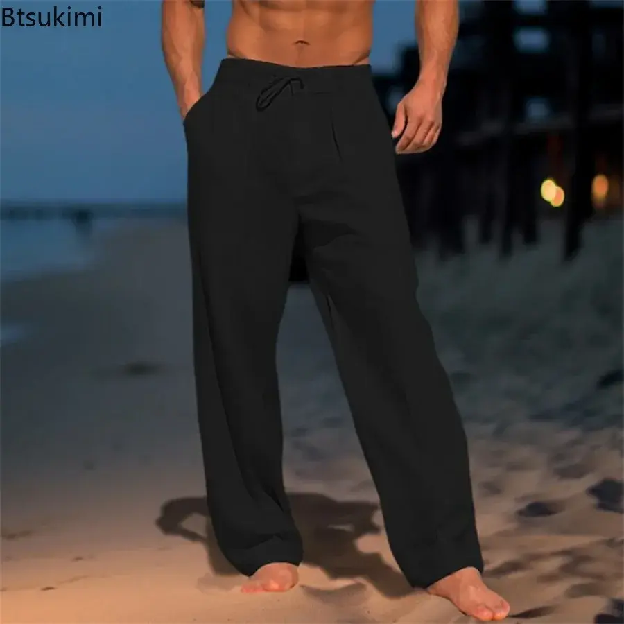 Men's Summer Solid Cotton Linen Beach Pants Fashion Loose Breathable Casual Straight Pants Simple Basic Drawstring Trousers Male