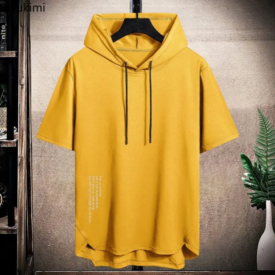 2025 Men's Summer Hoodies T-shirts Short Sleeve Solid Color Loose Hooded Drawstring Pullover Tops Basic Tees for Daily Wear Male