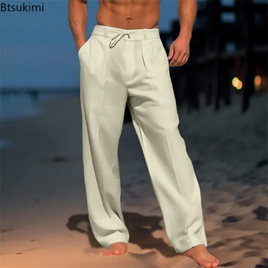Men's Summer Solid Cotton Linen Beach Pants Fashion Loose Breathable Casual Straight Pants Simple Basic Drawstring Trousers Male