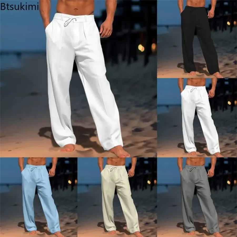 Men's Summer Solid Cotton Linen Beach Pants Fashion Loose Breathable Casual Straight Pants Simple Basic Drawstring Trousers Male