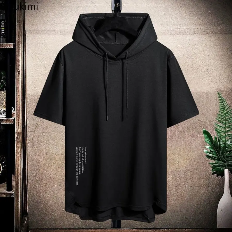 2025 Men's Summer Hoodies T-shirts Short Sleeve Solid Color Loose Hooded Drawstring Pullover Tops Basic Tees for Daily Wear Male