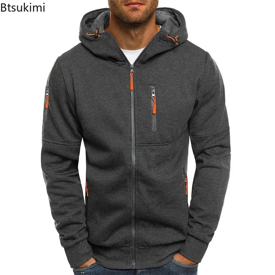 New 2025 Men's Casual Warm Hoodies Fashion Zipper Fleece Hooded Jacket Multi-pockets Men Solid Sport Fitness Coats Sweatshirts