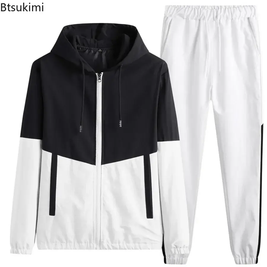 2025 New Men's Casual Sets Men Tracksuit Oversized Trend Patchwork Design Hooded Jacket+pants Two-pieces Men Running Sports Suit