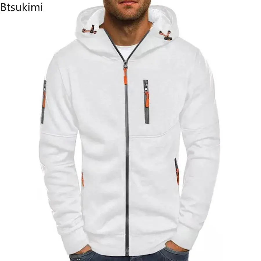 New 2025 Men's Casual Warm Hoodies Fashion Zipper Fleece Hooded Jacket Multi-pockets Men Solid Sport Fitness Coats Sweatshirts
