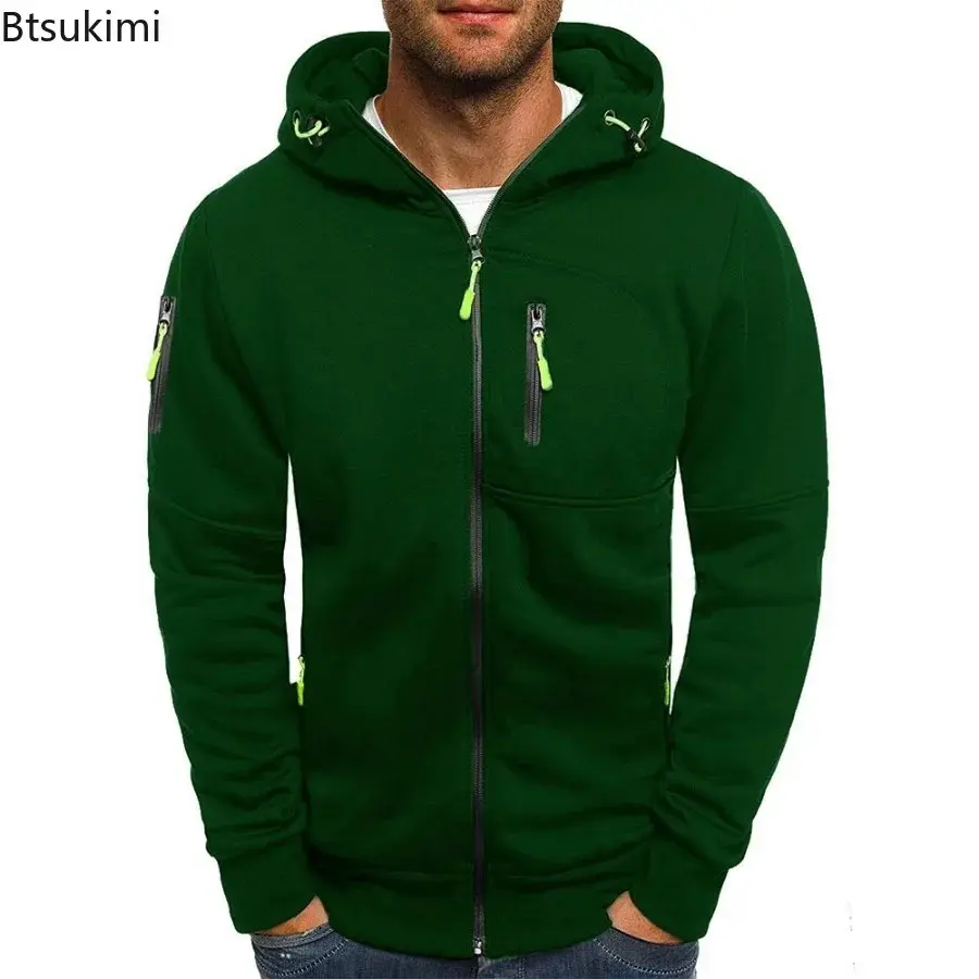 New 2025 Men's Casual Warm Hoodies Fashion Zipper Fleece Hooded Jacket Multi-pockets Men Solid Sport Fitness Coats Sweatshirts