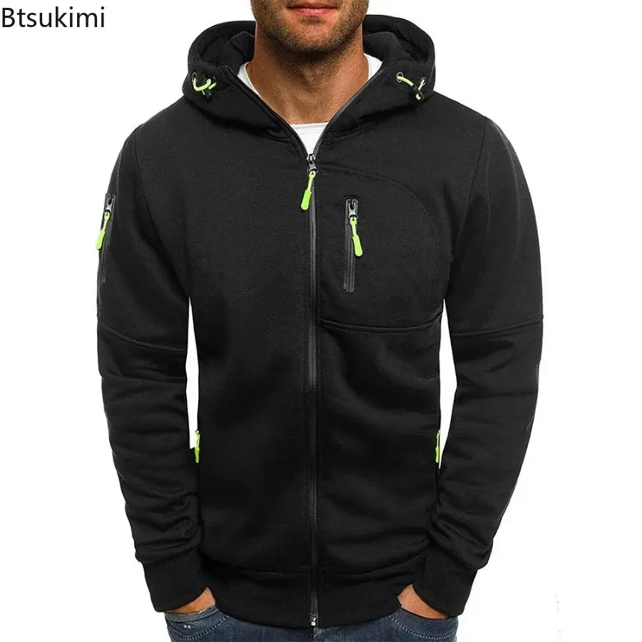 New 2025 Men's Casual Warm Hoodies Fashion Zipper Fleece Hooded Jacket Multi-pockets Men Solid Sport Fitness Coats Sweatshirts