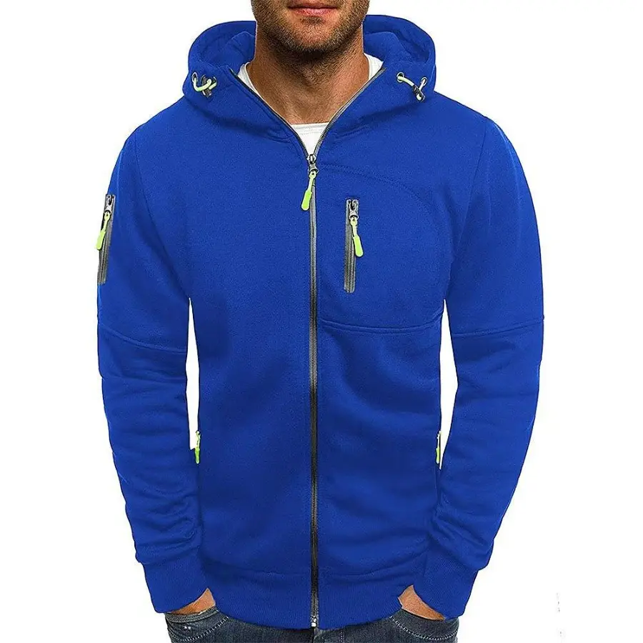 New 2025 Men's Casual Warm Hoodies Fashion Zipper Fleece Hooded Jacket Multi-pockets Men Solid Sport Fitness Coats Sweatshirts