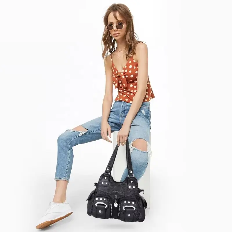Women Handbag Fashion Small PU Shoulder Bag Soft Hobos Messenger Top-handle Bag Tote Satchel Front Pockets  Purse