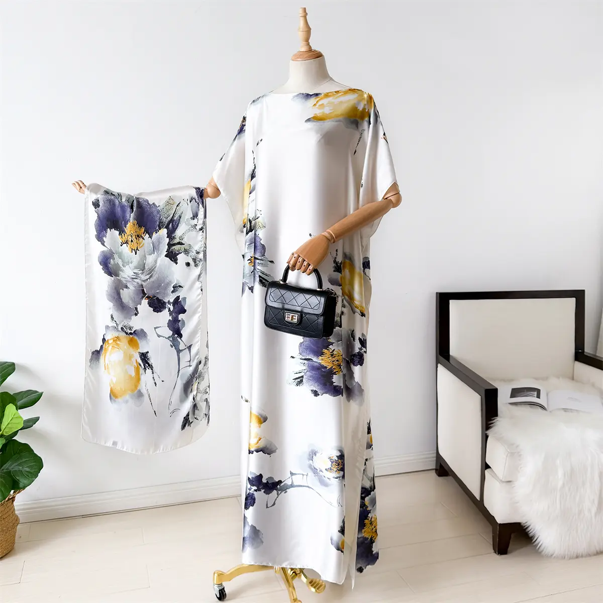 NEW Fashion Summer Dress With Big Scarf Dubai Turkey Kaftan Muslim Loose Abaya Women African Casual Maxi Peacock Shawl Robe