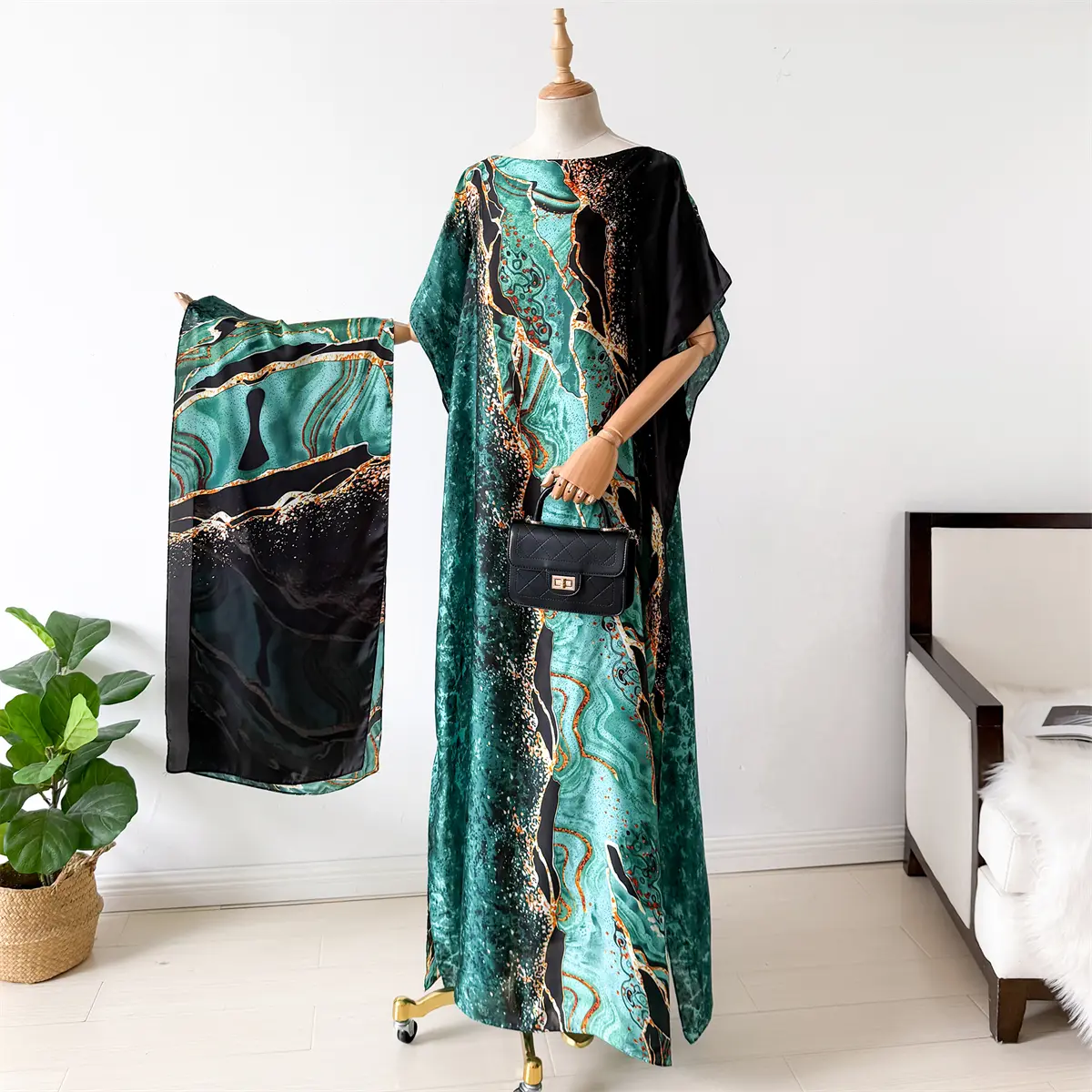 NEW Fashion Summer Dress With Big Scarf Dubai Turkey Kaftan Muslim Loose Abaya Women African Casual Maxi Peacock Shawl Robe