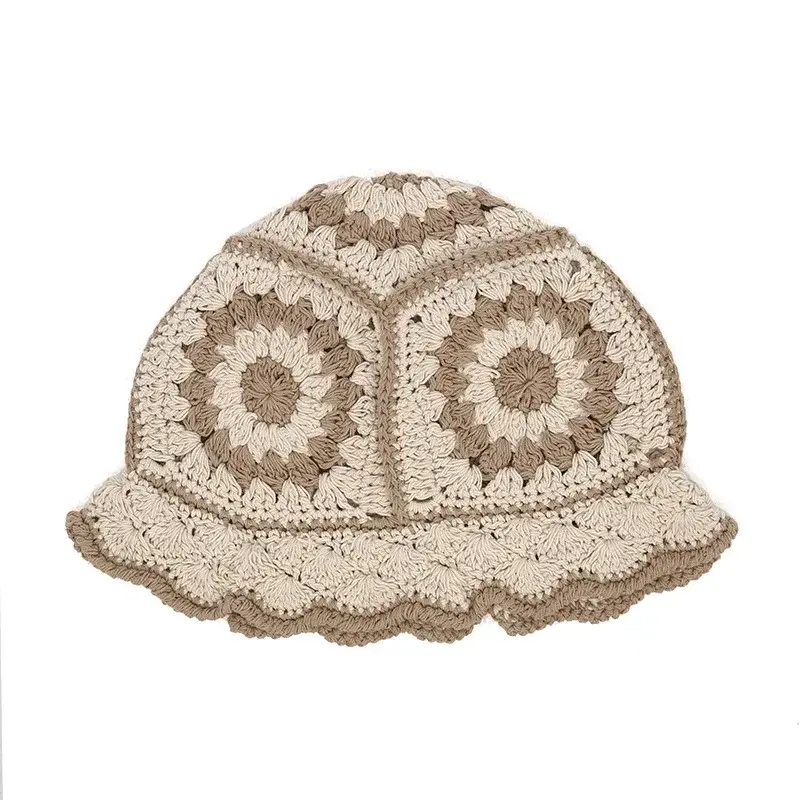Korean Women Hollow Knitted Hat Handmade Crochet Basin Hat Spring Summer Sunscreen Sun Hat Female
