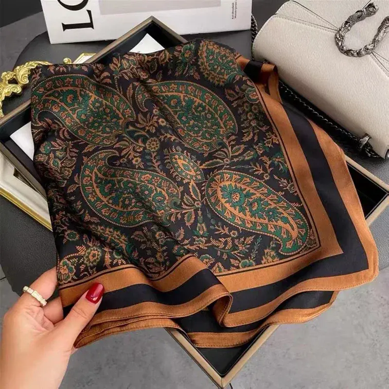 Luxury Women Square Scarf Silk Stain Paisley Muslim Women Hijab Green Bandana Soft Head Wrap Female Foulard 2024 Hijabs