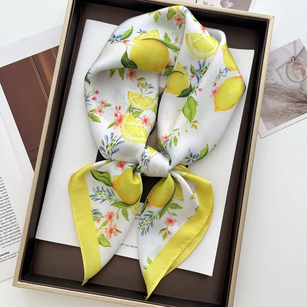70cm Square Lemon Print Yellow Soft Satin Scarf Casual Elegant Thin Breathable Neck Women Windproof Head Wrap Hair Scarves 2025