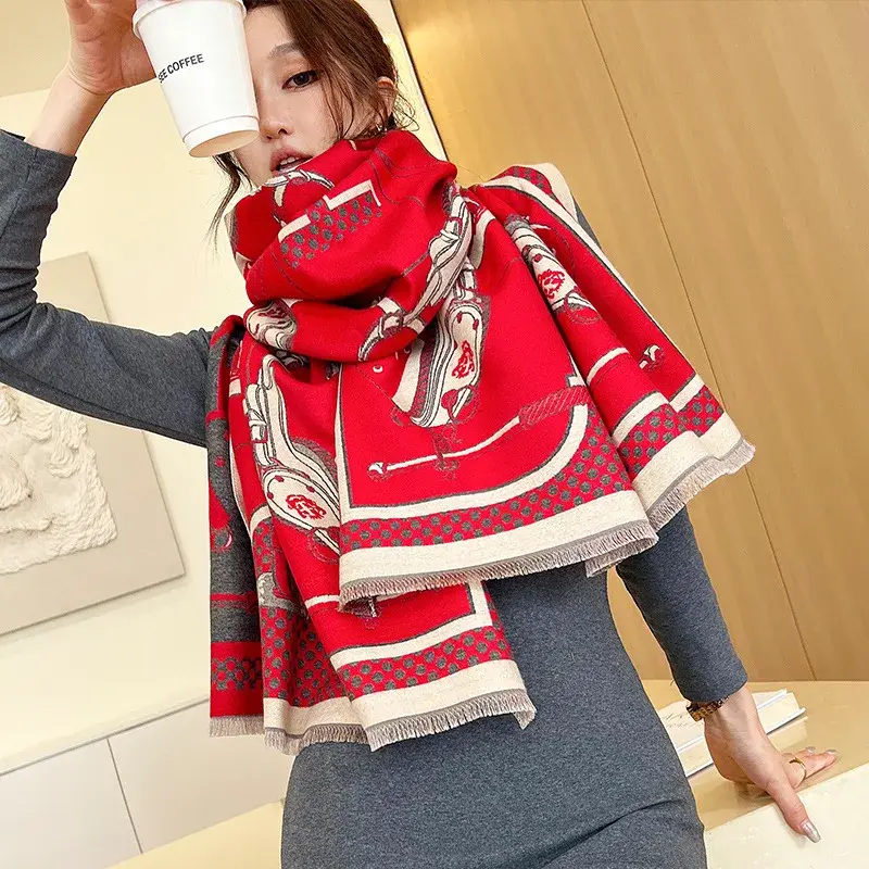 Horse Winter Cashmere Scarf Women Luxury Design Warm Pashmina Shawl Wraps Bandana Female Thick Blanket Soft Bufanda Foulard