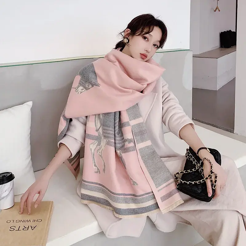 2024 Luxury Brand Thick Cashmere Winter Scarf Pink Grey Horse Print Warm Pashmina Foulard Lady Soft Bufanda Shawls Wraps