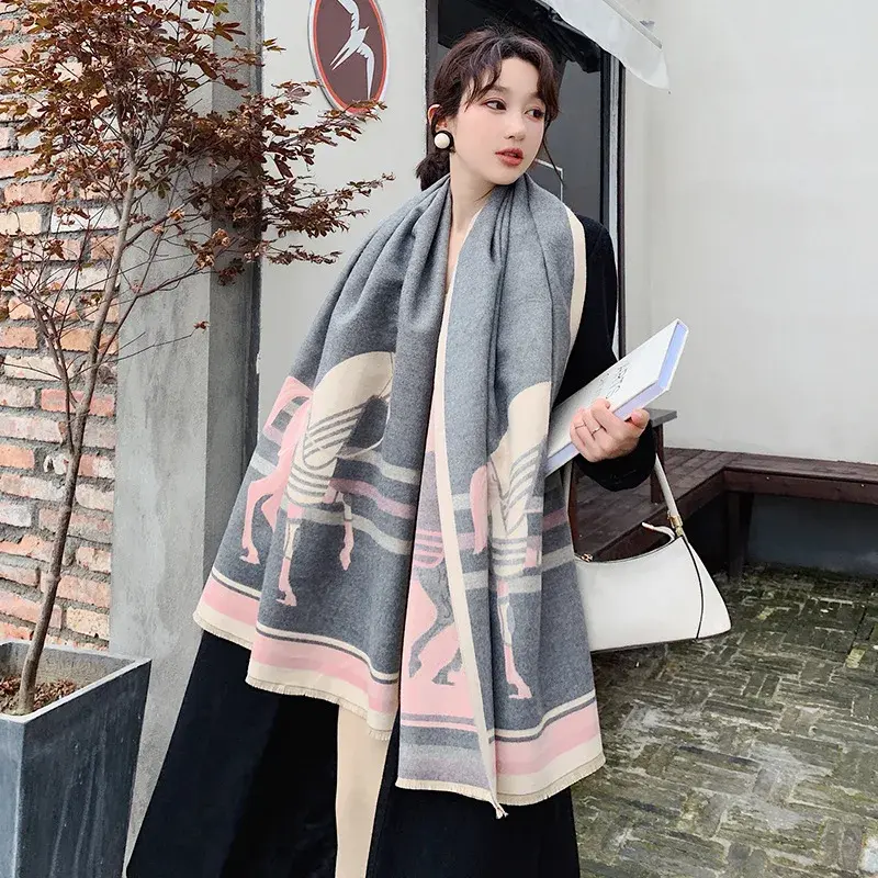 2024 Luxury Brand Thick Cashmere Winter Scarf Pink Grey Horse Print Warm Pashmina Foulard Lady Soft Bufanda Shawls Wraps