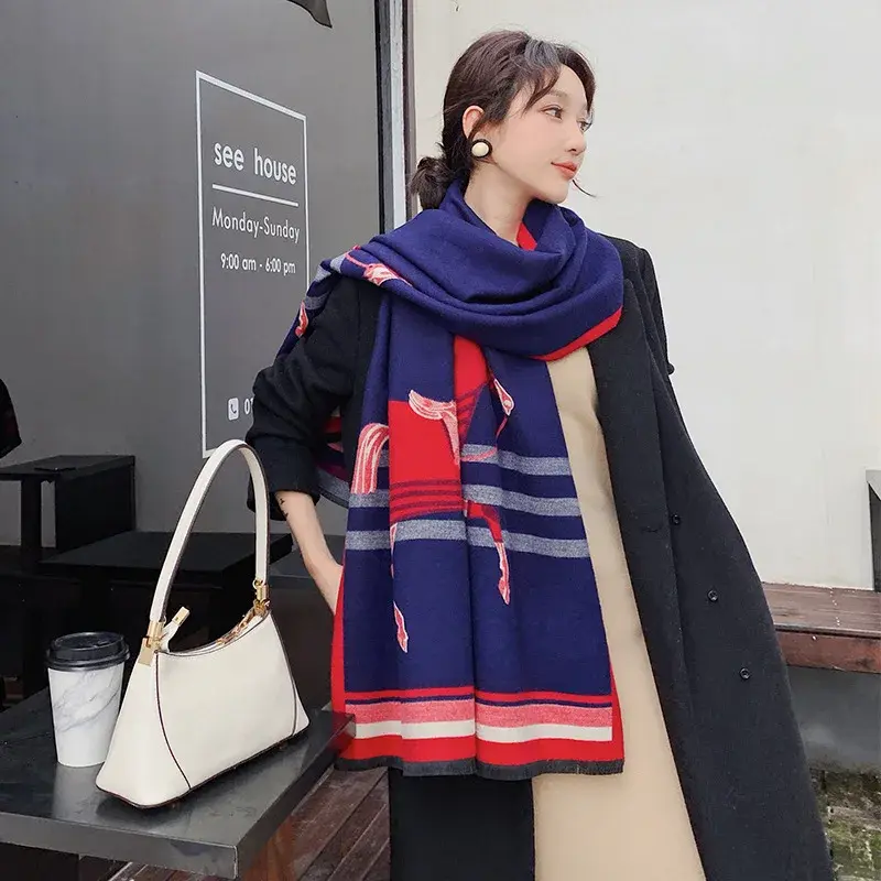 2024 Luxury Brand Thick Cashmere Winter Scarf Pink Grey Horse Print Warm Pashmina Foulard Lady Soft Bufanda Shawls Wraps