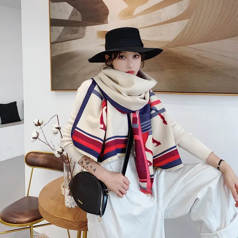 2024 Luxury Brand Thick Cashmere Winter Scarf Pink Grey Horse Print Warm Pashmina Foulard Lady Soft Bufanda Shawls Wraps