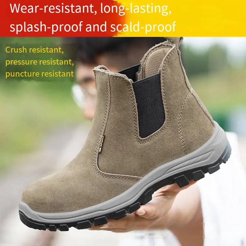 Anti-smashing Anti-puncture Steel Toes Men's Suede Safety Shoes  Wear-resistant Solid Shoe Sole Electric Welding Work Shoes