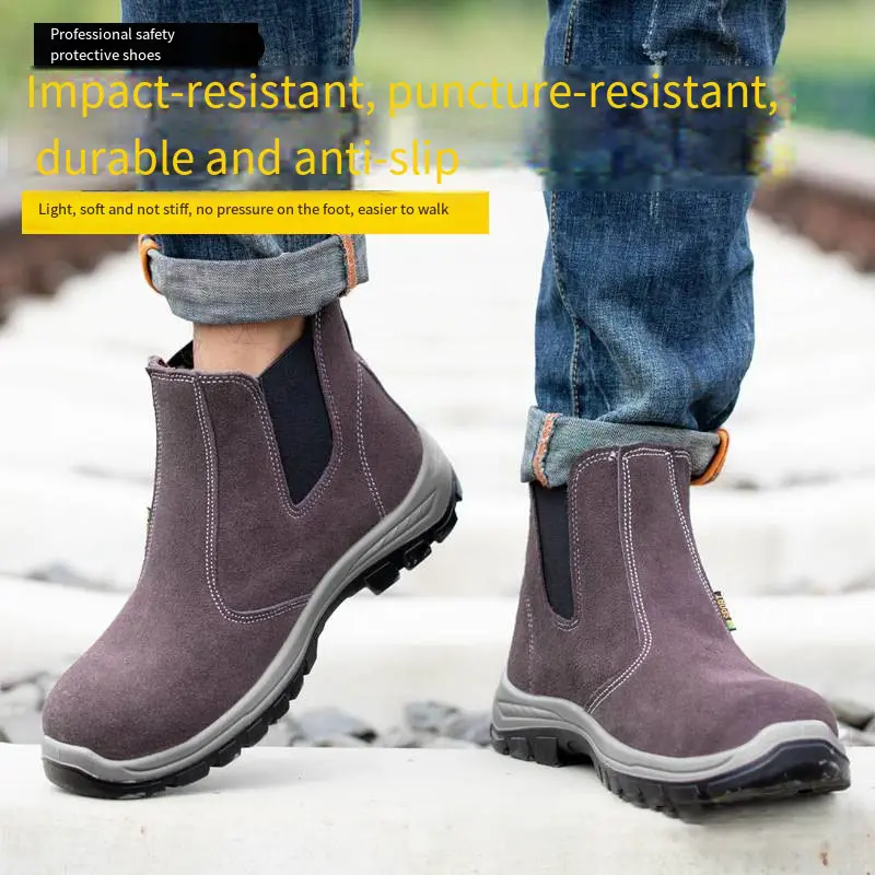 Anti-smashing Anti-puncture Steel Toes Men's Suede Safety Shoes  Wear-resistant Solid Shoe Sole Electric Welding Work Shoes