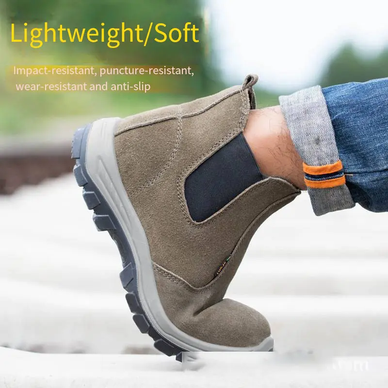 Anti-smashing Anti-puncture Steel Toes Men's Suede Safety Shoes  Wear-resistant Solid Shoe Sole Electric Welding Work Shoes