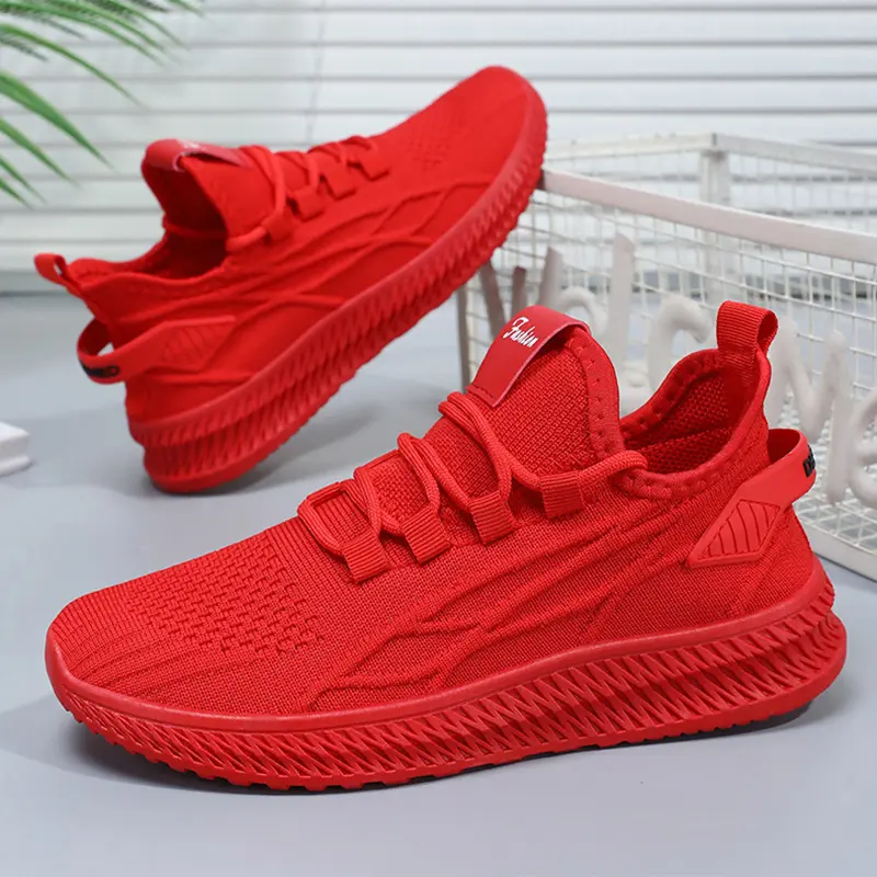 Trendy Summer Comfortable Sneakers Women Outdoor Casual Running Shoes Women's Knit Mesh Breathable Sports Shoes Red Yellow