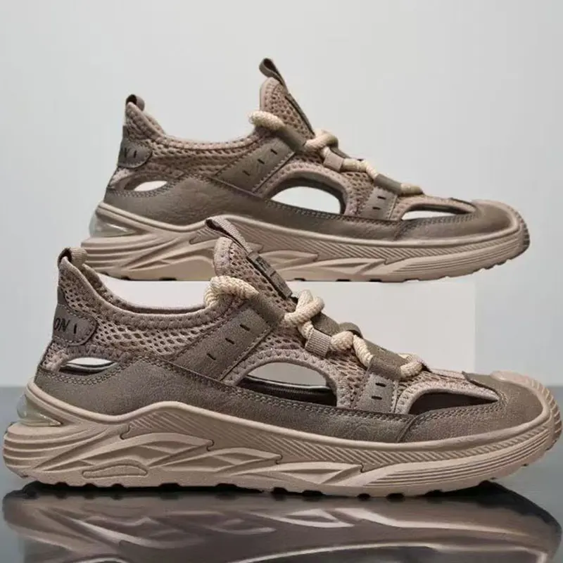 Oulylan New Summer Sandals for Men Hollow Leather Casual Shoes Trendy Breathable Leisure Shoe Outdoor Sports Non Slip Sneakers