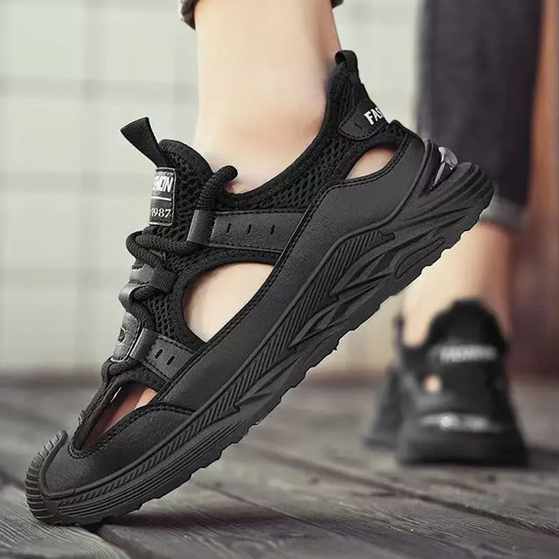 Oulylan New Summer Sandals for Men Hollow Leather Casual Shoes Trendy Breathable Leisure Shoe Outdoor Sports Non Slip Sneakers