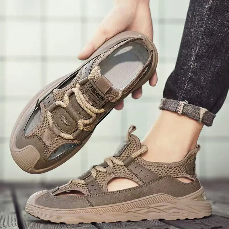 Oulylan Stylish Leather Male Sandals Hollow Leather Casual Shoes Breathable Sport Sports Shoe New Convenient Non Slip Sneakers