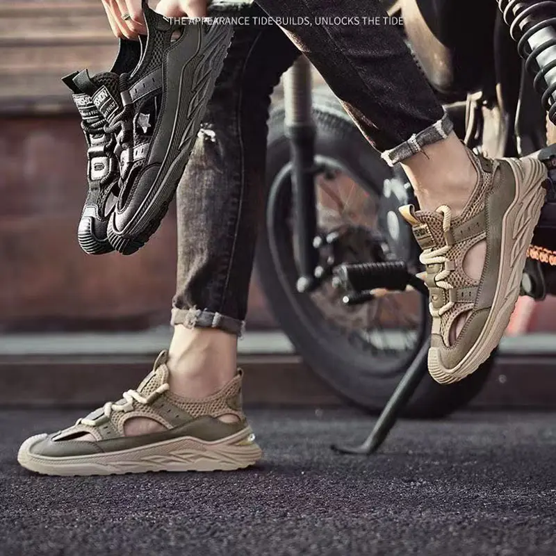 Oulylan Stylish Leather Male Sandals Hollow Leather Casual Shoes Breathable Sport Sports Shoe New Convenient Non Slip Sneakers