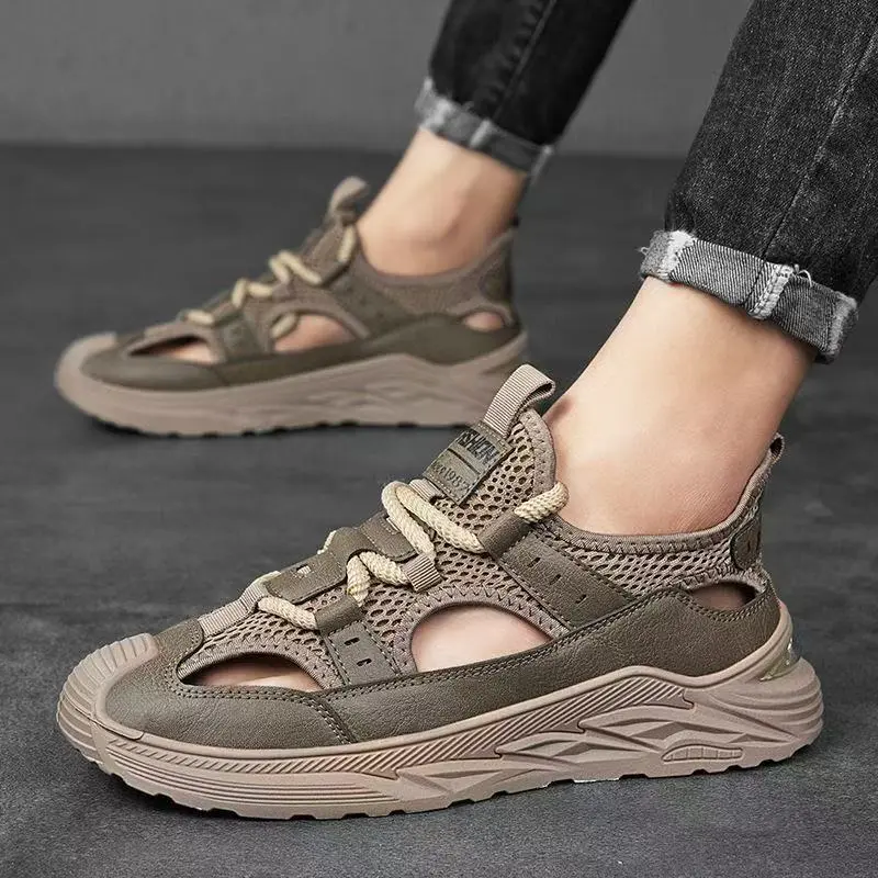 Oulylan Stylish Leather Male Sandals Hollow Leather Casual Shoes Breathable Sport Sports Shoe New Convenient Non Slip Sneakers