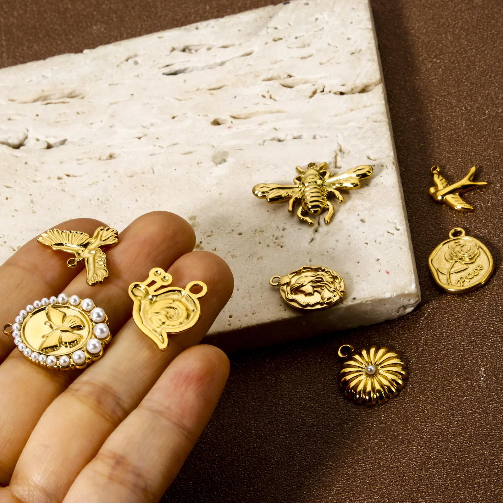 1 Piece 304 Stainless Steel Charms 18K Real Gold Plated Flower Necklace Eagle Snail Earrings Pendant For DIYJewelry Making