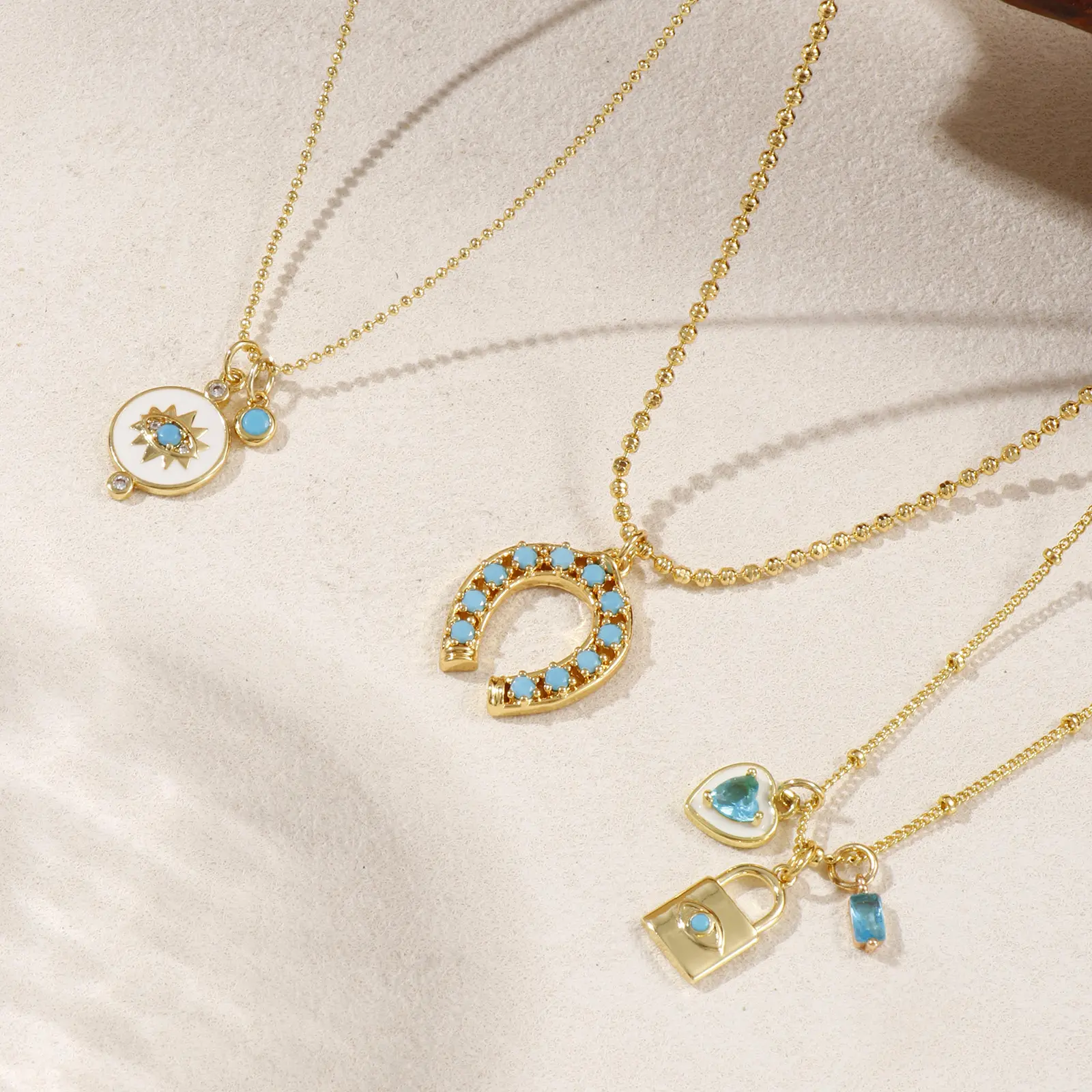 1 Piece Brass 18K Gold Plated Pendant Charm Necklace For Women Blue Cubic Zirconia Horseshoe Heart Lock Retro Gift 45cm+ 5cm