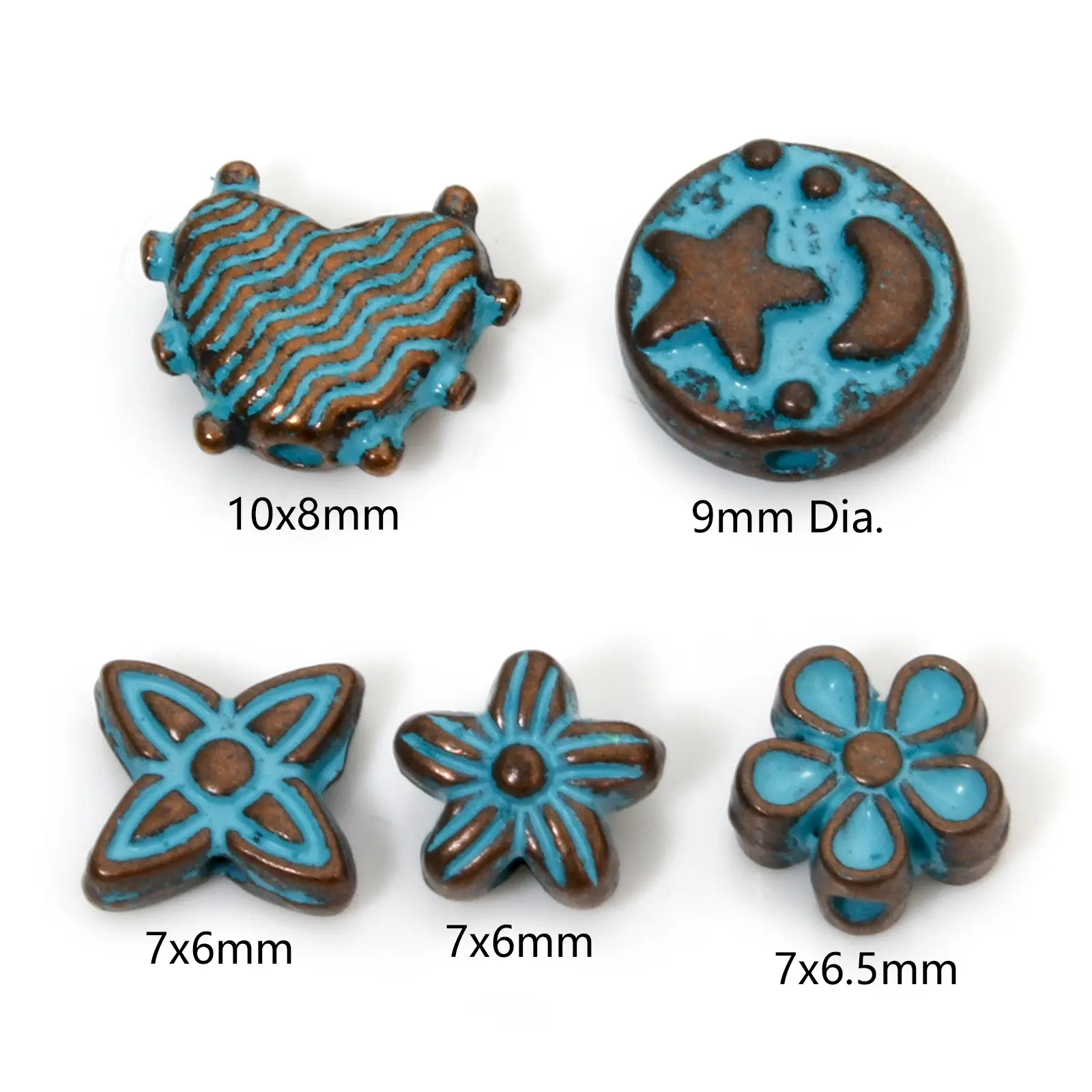 50/100 Pcs Zinc Based Alloy Spacer Beads Flower Half Moon Star Heart Patina For Diy Jewelry Making Antique Copper Blue Charms
