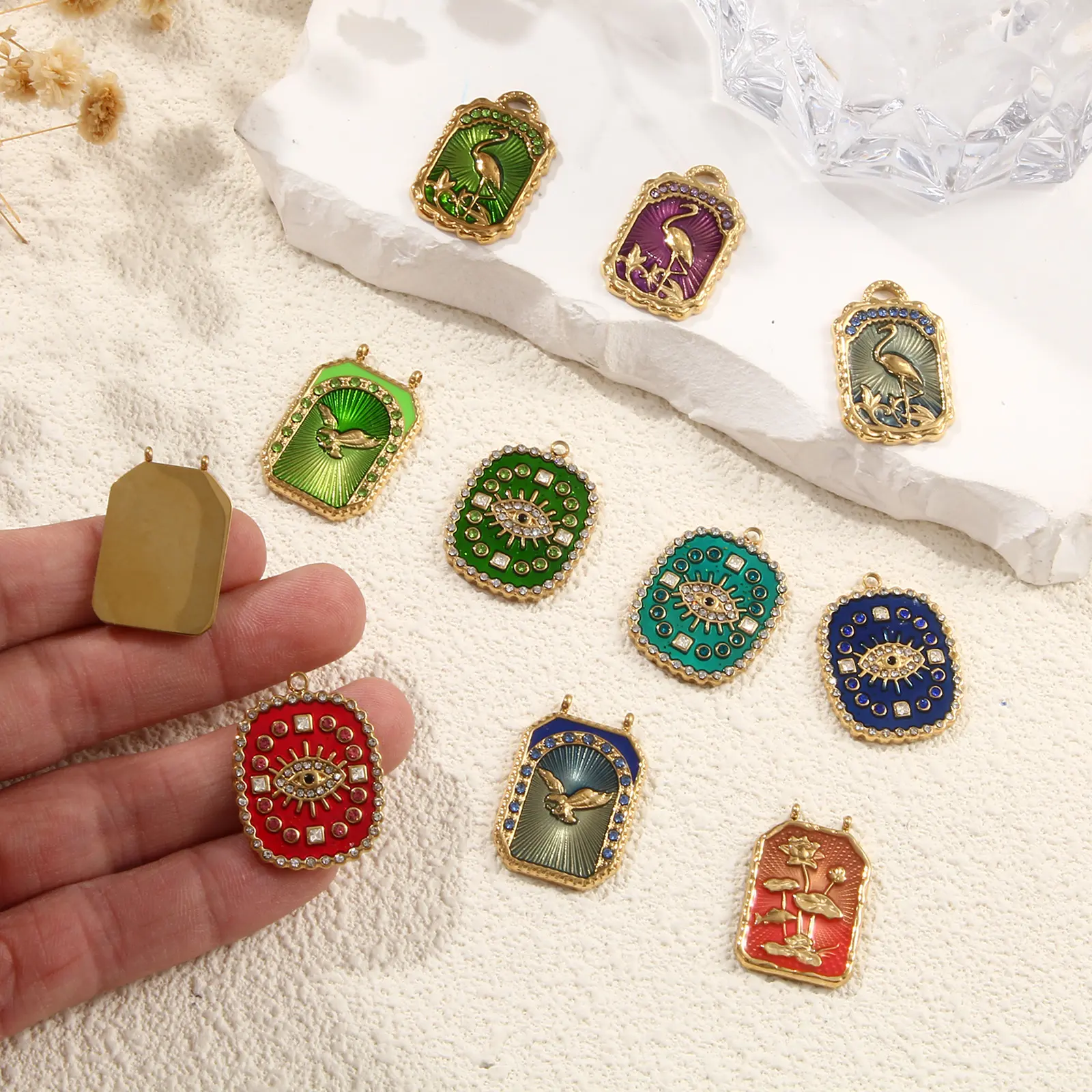 1 Piece  304 Stainless Steel Charms 18K Real Gold Plated Multicolor Enamel Crane Eye of Providence/ All-seeing Eye Pendant DIY