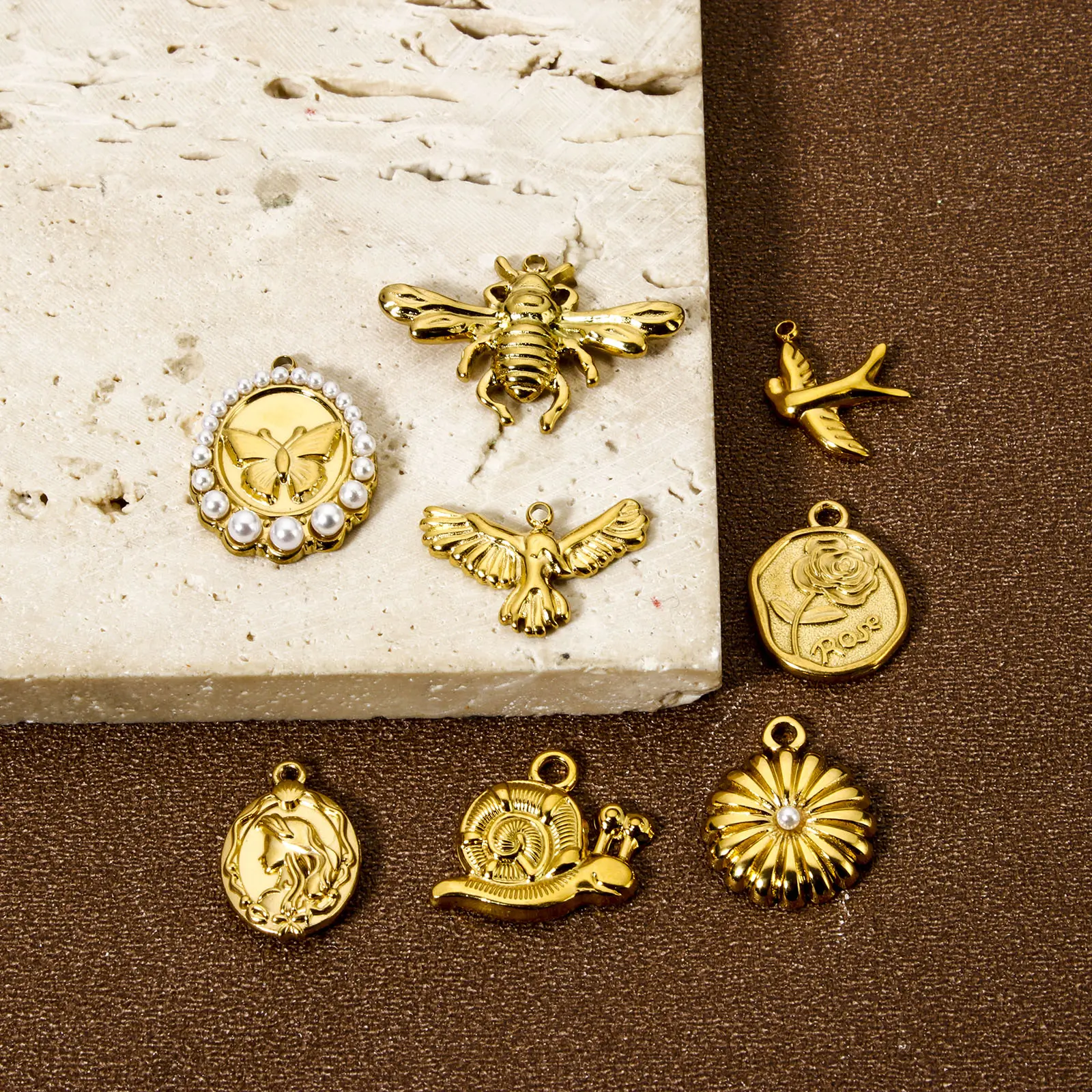 1 Piece 304 Stainless Steel Charms 18K Real Gold Plated Flower Necklace Eagle Snail Earrings Pendant For DIYJewelry Making