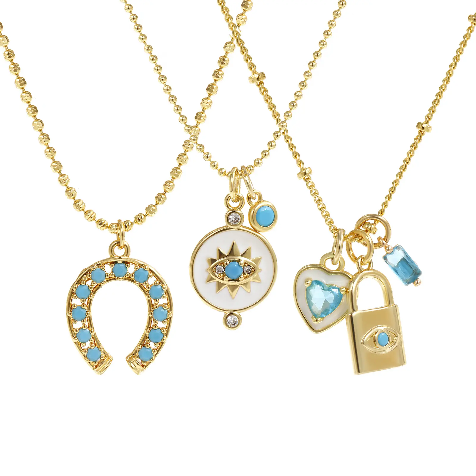 1 Piece Brass 18K Gold Plated Pendant Charm Necklace For Women Blue Cubic Zirconia Horseshoe Heart Lock Retro Gift 45cm+ 5cm