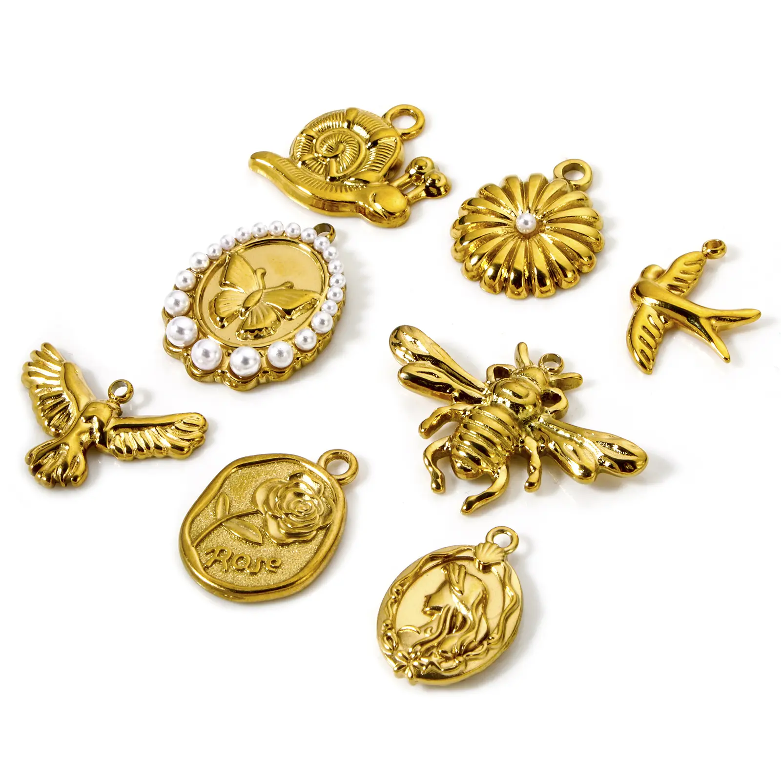1 Piece 304 Stainless Steel Charms 18K Real Gold Plated Flower Necklace Eagle Snail Earrings Pendant For DIYJewelry Making