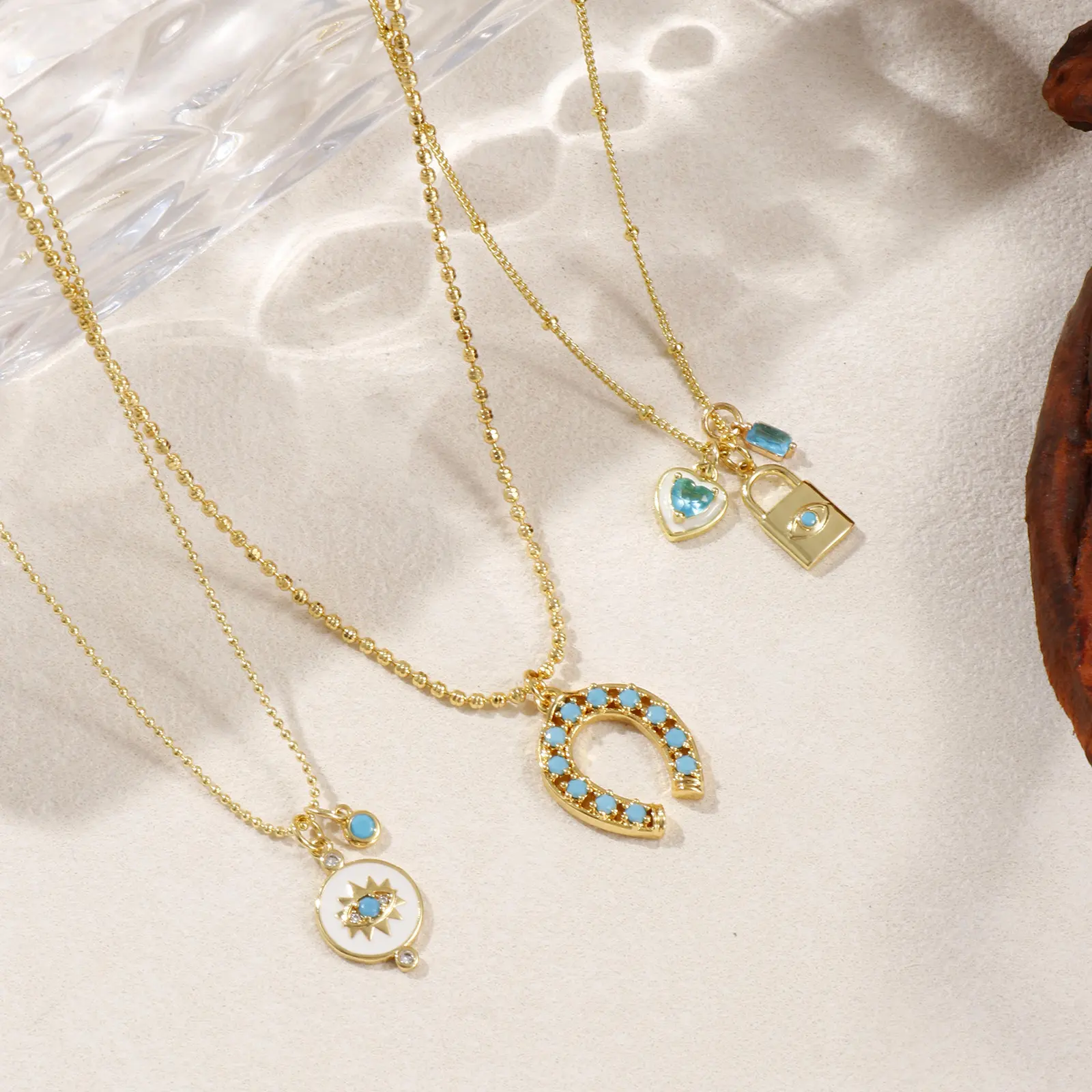 1 Piece Brass 18K Gold Plated Pendant Charm Necklace For Women Blue Cubic Zirconia Horseshoe Heart Lock Retro Gift 45cm+ 5cm