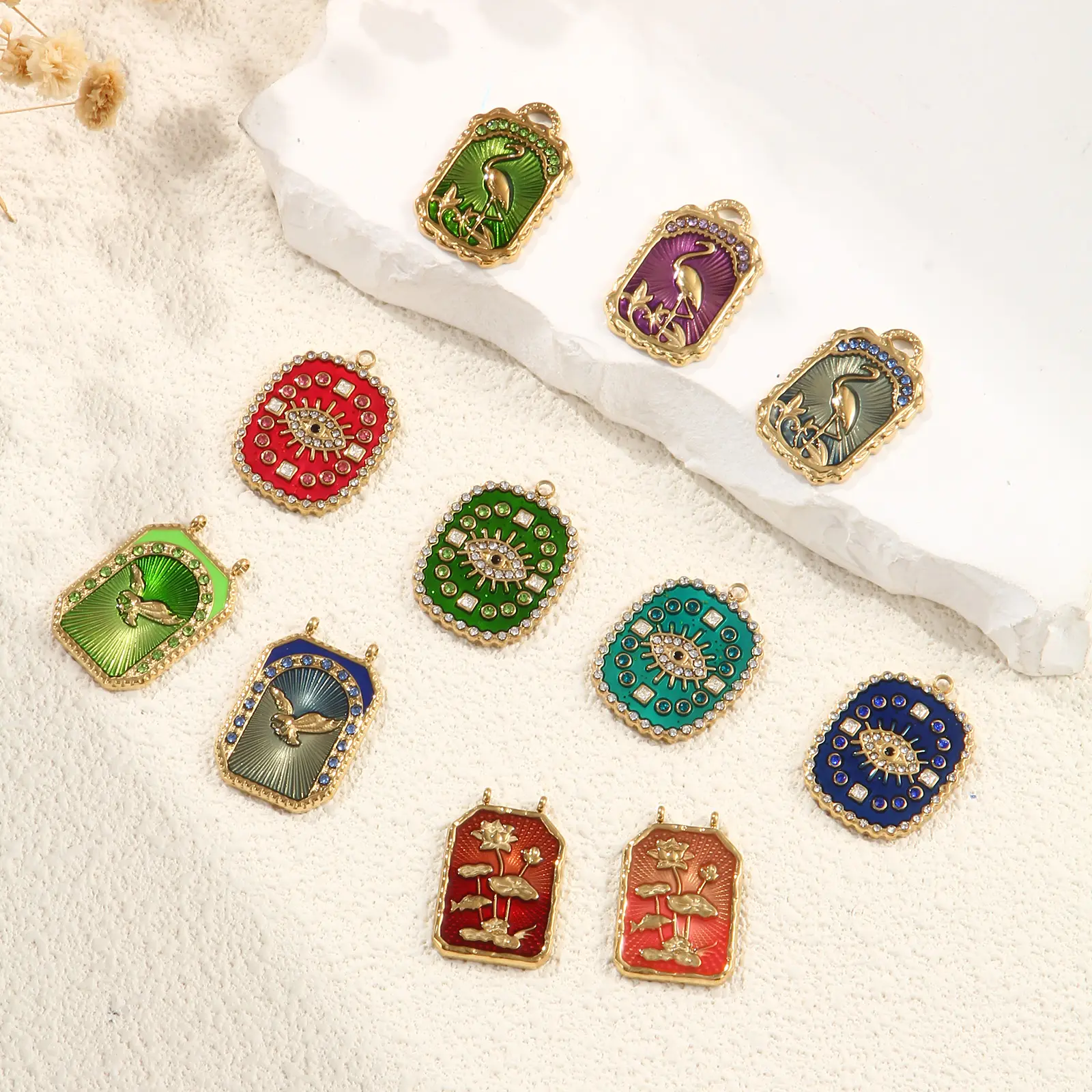 1 Piece  304 Stainless Steel Charms 18K Real Gold Plated Multicolor Enamel Crane Eye of Providence/ All-seeing Eye Pendant DIY