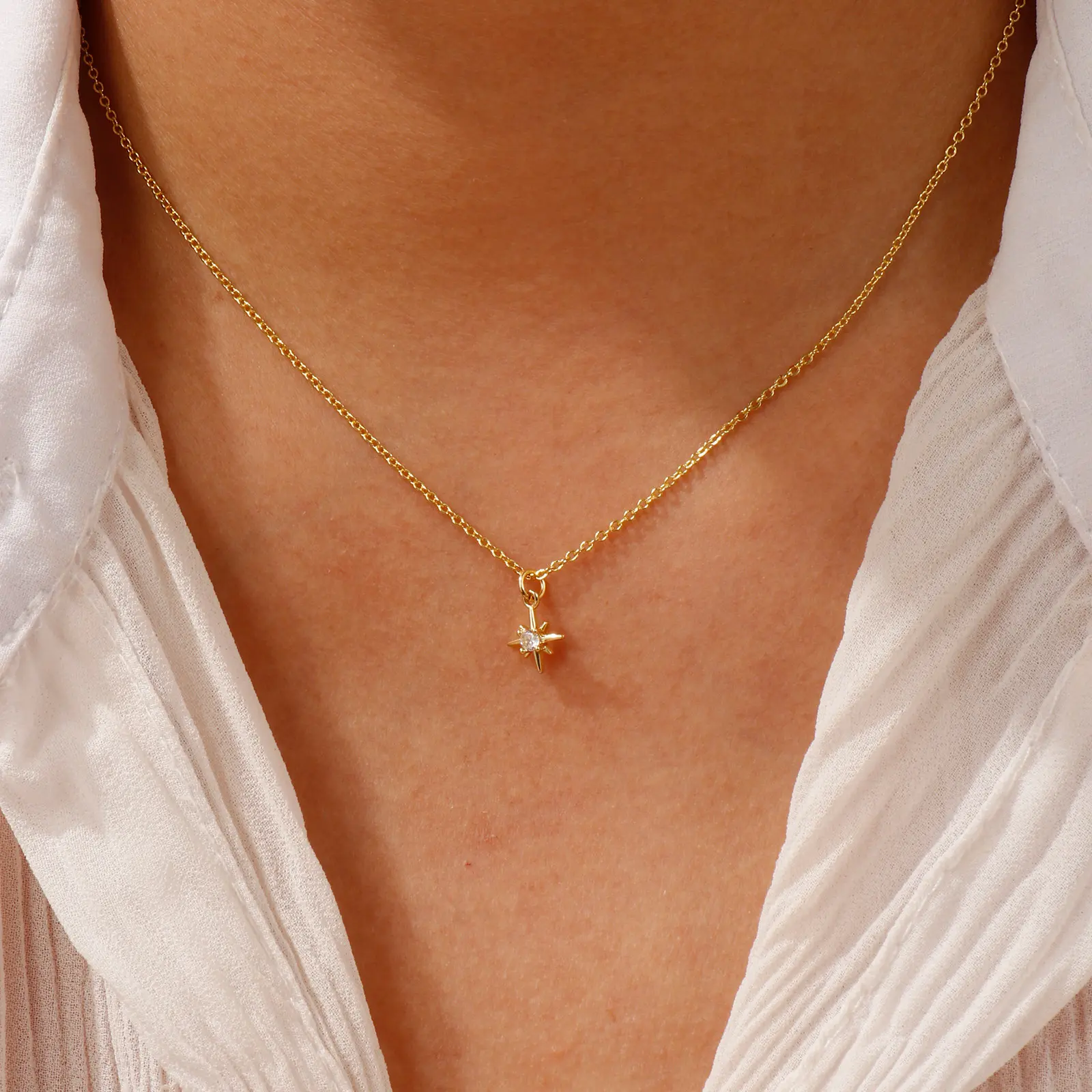 Brass Polaris Star Pendant Charm Necklace 18K Gold Plated Link Cable Chain 45cm+ 5cm For Women Clear Cubic Zirconia Galaxy Gift