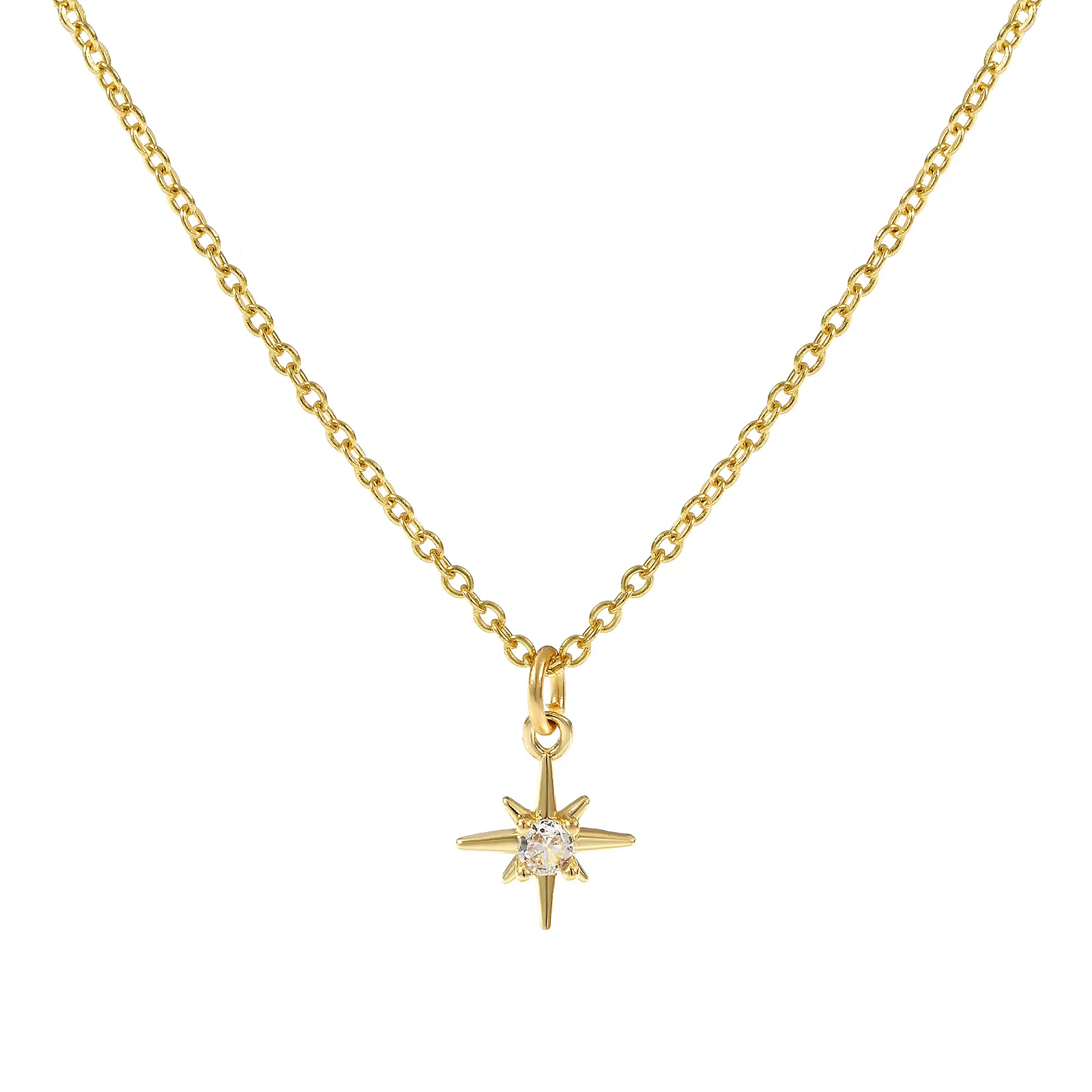 Brass Polaris Star Pendant Charm Necklace 18K Gold Plated Link Cable Chain 45cm+ 5cm For Women Clear Cubic Zirconia Galaxy Gift