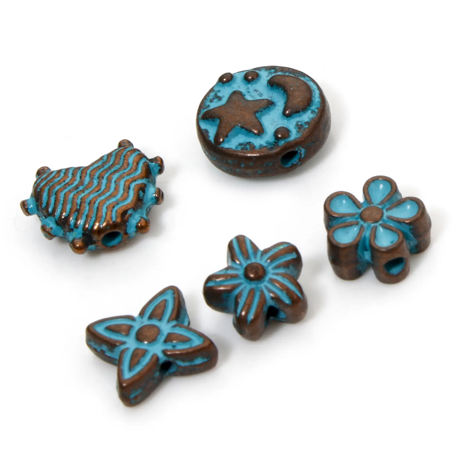 50/100 Pcs Zinc Based Alloy Spacer Beads Flower Half Moon Star Heart Patina For Diy Jewelry Making Antique Copper Blue Charms