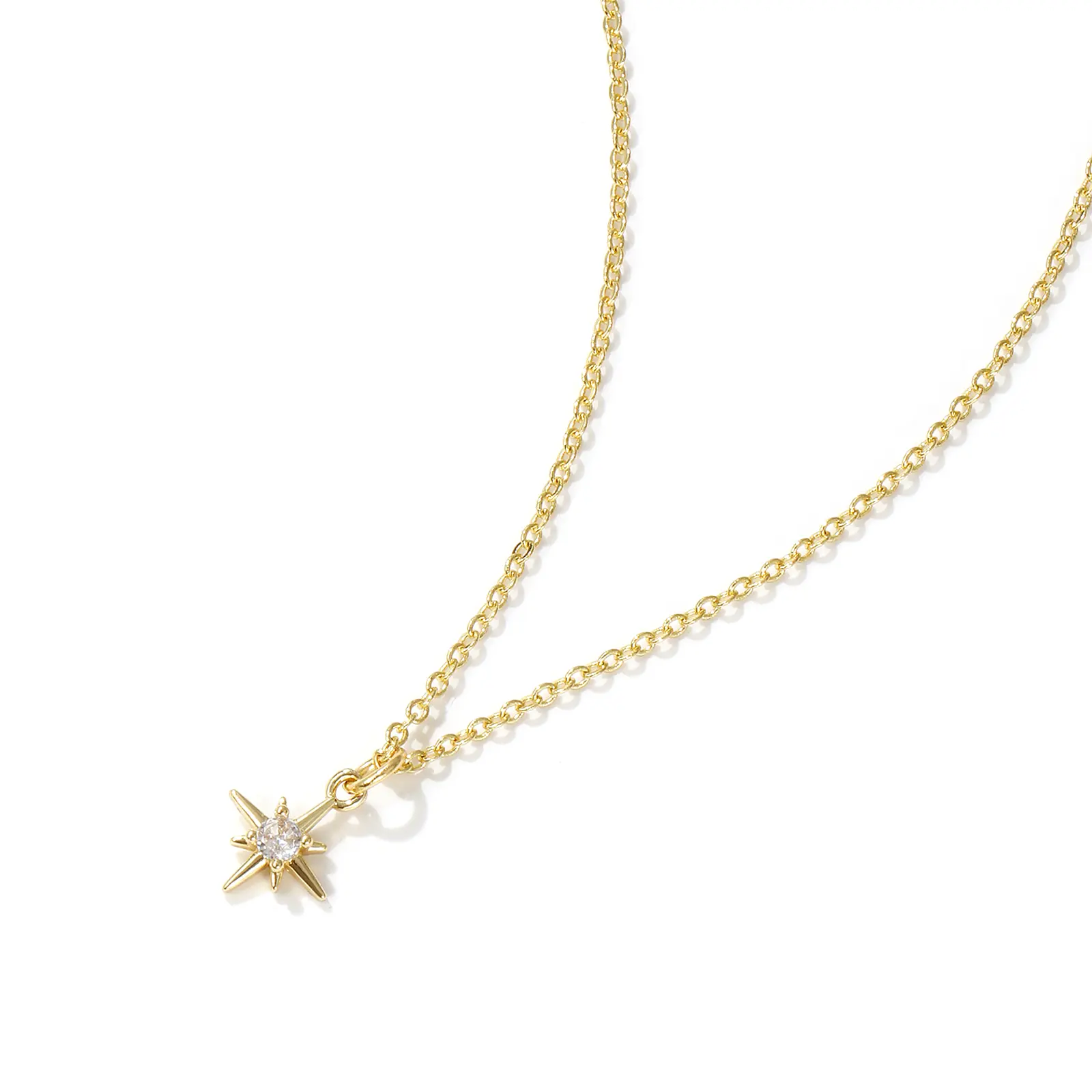 Brass Polaris Star Pendant Charm Necklace 18K Gold Plated Link Cable Chain 45cm+ 5cm For Women Clear Cubic Zirconia Galaxy Gift