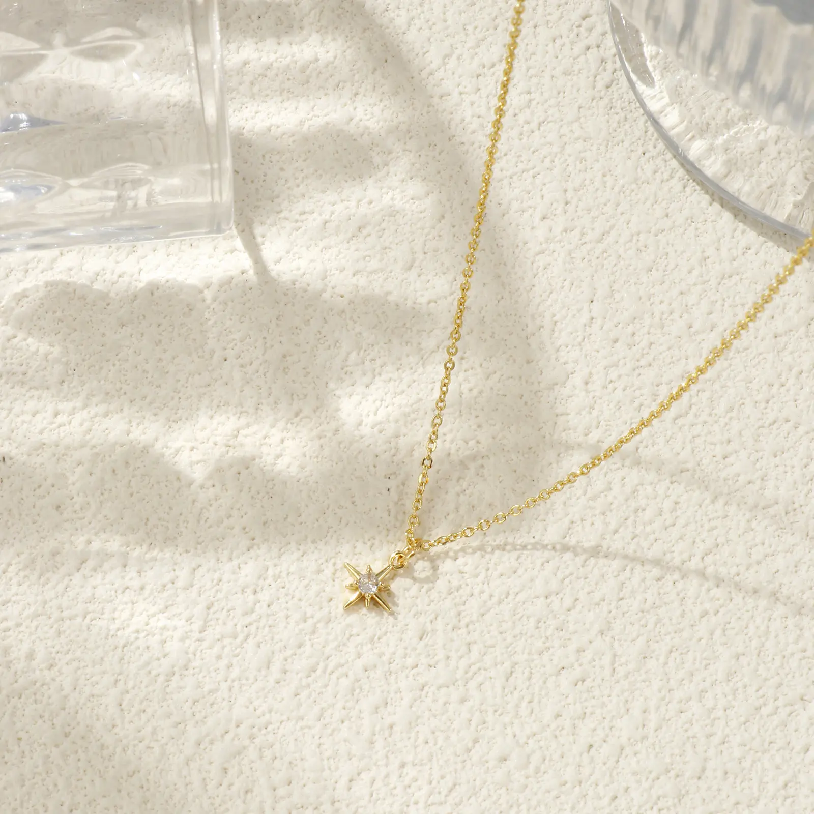 Brass Polaris Star Pendant Charm Necklace 18K Gold Plated Link Cable Chain 45cm+ 5cm For Women Clear Cubic Zirconia Galaxy Gift