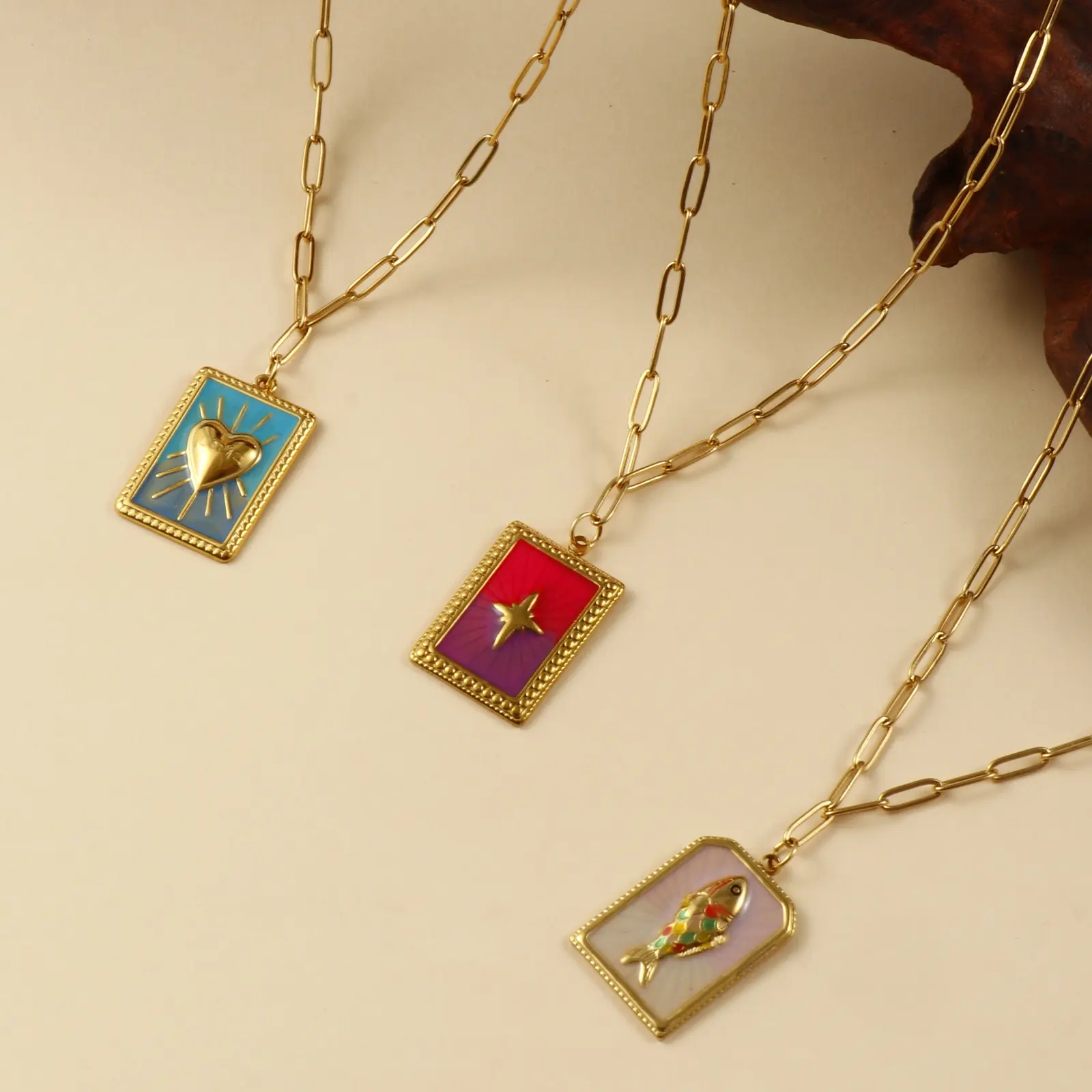 1 Piece Exquisite 18K Real Gold Plated 304 Stainless Steel Paperclip Link Chain Rectangle Pendant Charm Necklace For Women Gift