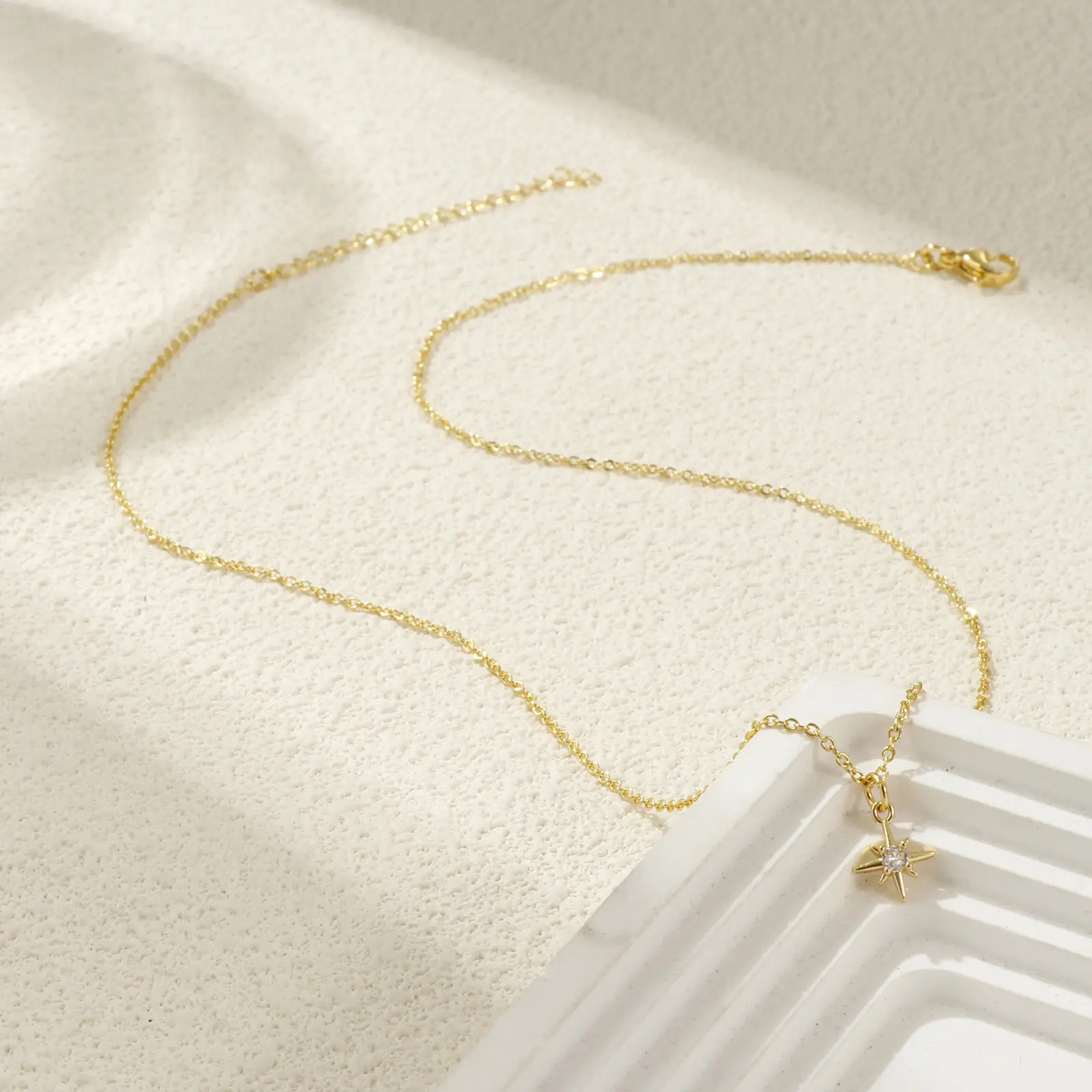 Brass Polaris Star Pendant Charm Necklace 18K Gold Plated Link Cable Chain 45cm+ 5cm For Women Clear Cubic Zirconia Galaxy Gift